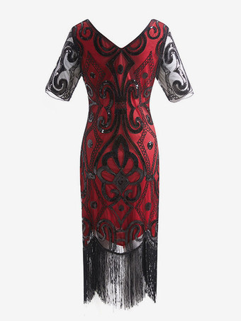 女性フラッパードレスフリンジスパンコール 1920 年代グレートギャツビー衣装ヴィンテージ 20 s パーティードレス バーガンディ