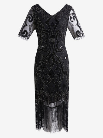 ブラック 女性フラッパードレスフリンジスパンコール 1920 年代グレートギャツビー衣装ヴィンテージ 20 s パーティードレス バーガンディ