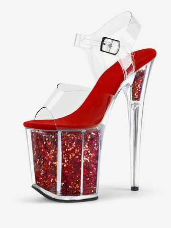 レッド 女性のセクシーなサンダルブラックPUレザーピープトウ透明なセクシーなサンダル ポールダンスシューズ