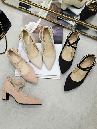 女性ミッドローヒールブラックポインテッドトゥチャンキーヒールストラップ調整可能なアンクルストラップクリスクロスパンプス