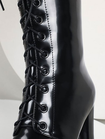 女性のニーハイ ブーツ PU レザー レッド ラウンド トゥ ブライト レザー チャンキー ヒール ブーティ