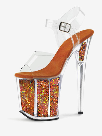 オレンジ女性のセクシーなサンダルブラックPUレザーピープトウ透明なセクシーなサンダル ポールダンスシューズ