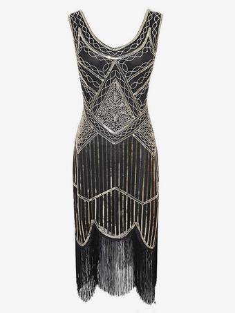 ゴールド 1920 年代のファッションスタイルの衣装フラッパードレスグリーンフリンジスパンコールグレートギャツビー V ネック衣装レトロ 20 s パーティードレス バーガンディ