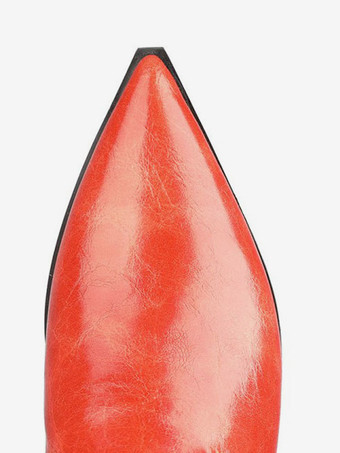 レディースサイハイブーツオレンジレッドPUレザーポインテッドトゥフラットヒールブーツ