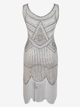 ホワイト 1920 年代のファッションスタイルの衣装フラッパードレスグリーンフリンジスパンコールグレートギャツビー V ネック衣装レトロ 20 s パーティードレス バーガンディ