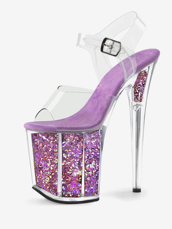 パープル 女性のセクシーなサンダルブラックPUレザーピープトウ透明なセクシーなサンダル ポールダンスシューズ