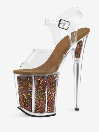 モグラ色女性のセクシーなサンダルブラックPUレザーピープトウ透明なセクシーなサンダル ポールダンスシューズ