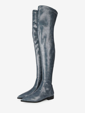 ライトグレー レディースサイハイブーツオレンジレッドPUレザーポインテッドトゥフラットヒールブーツ