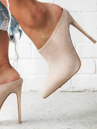 ハイヒールミュールスエードポインテッドトゥスリップオンスライドシューズ