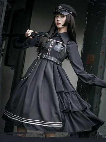 Robe Lolita Gothique OP Style Militaire 4 Pièces Ensemble Robe À Volants Manteau Chemise Chapeau Ensemble Lolita Gothique
