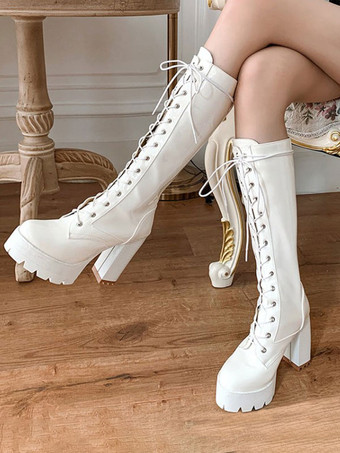 Women's Boots White Mid Calf Boots Round Toe 4.5" Tie Boots