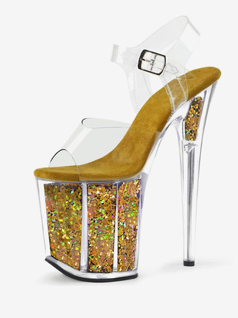 カーキ 女性のセクシーなサンダルブラックPUレザーピープトウ透明なセクシーなサンダル ポールダンスシューズ