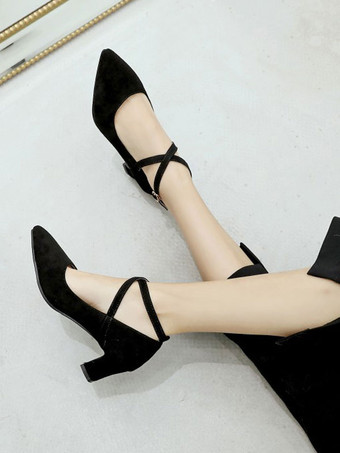 女性ミッドローヒールブラックポインテッドトゥチャンキーヒールストラップ調整可能なアンクルストラップクリスクロスパンプス