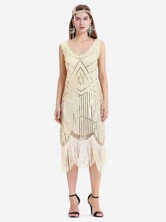 アイボリー 1920 年代のファッションスタイルの衣装フラッパードレスグリーンフリンジスパンコールグレートギャツビー V ネック衣装レトロ 20 s パーティードレス バーガンディ