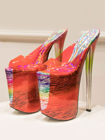 ハイヒールのセクシーなサンダル赤PUレザーのぞき見つま先レーザーセクシーな靴 ポールダンスシューズ