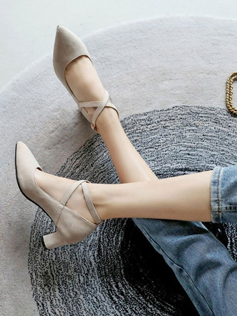 女性ミッドローヒールブラックポインテッドトゥチャンキーヒールストラップ調整可能なアンクルストラップクリスクロスパンプス