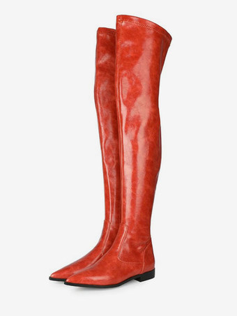 Botas femininas de cano alto laranja vermelho PU couro bico pontiagudo botas de salto plano