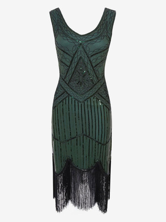 グリーン 1920 年代のファッションスタイルの衣装フラッパードレスグリーンフリンジスパンコールグレートギャツビー V ネック衣装レトロ 20 s パーティードレス バーガンディ