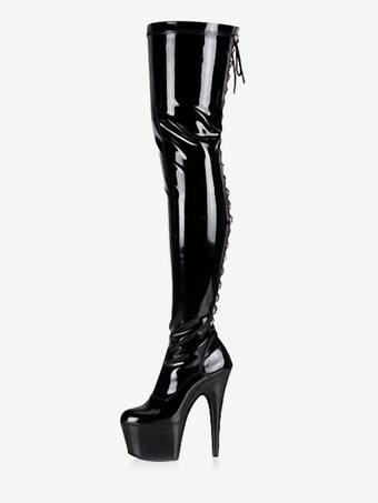 女性のセクシーなブーツブラックラウンドトゥレースアップスチレットヒール腿の高いブーツニーブーツ ポールダンスシューズ