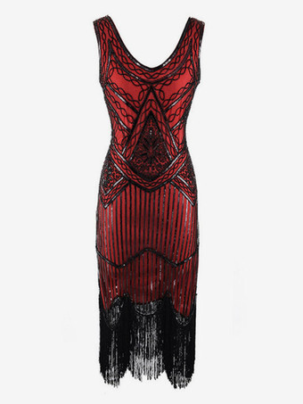 ブラックレッド1920 年代のファッションスタイルの衣装フラッパードレスグリーンフリンジスパンコールグレートギャツビー V ネック衣装レトロ 20 s パーティードレス バーガンディ