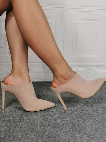 ハイヒールミュールスエードポインテッドトゥスリップオンスライドシューズ