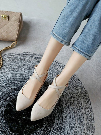 アイボリー 女性ミッドローヒールブラックポインテッドトゥチャンキーヒールストラップ調整可能なアンクルストラップクリスクロスパンプス