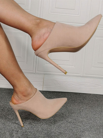 ハイヒールミュールスエードポインテッドトゥスリップオンスライドシューズ