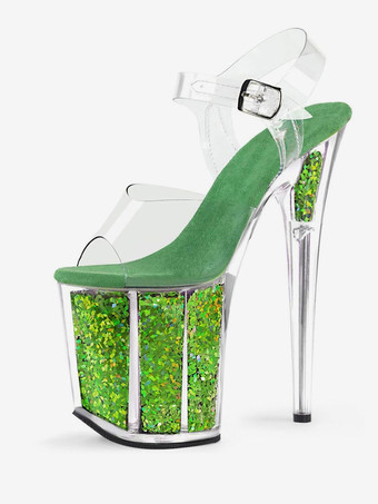グリーン 女性のセクシーなサンダルブラックPUレザーピープトウ透明なセクシーなサンダル ポールダンスシューズ