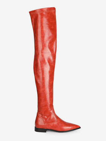 レディースサイハイブーツオレンジレッドPUレザーポインテッドトゥフラットヒールブーツ