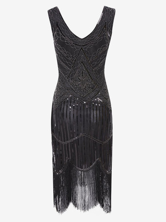 ブラックシルバー1920 年代のファッションスタイルの衣装フラッパードレスグリーンフリンジスパンコールグレートギャツビー V ネック衣装レトロ 20 s パーティードレス バーガンディ