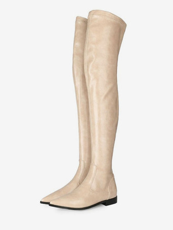 アプリコットレディースサイハイブーツオレンジレッドPUレザーポインテッドトゥフラットヒールブーツ