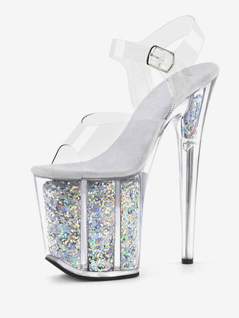 ホワイト 女性のセクシーなサンダルブラックPUレザーピープトウ透明なセクシーなサンダル ポールダンスシューズ