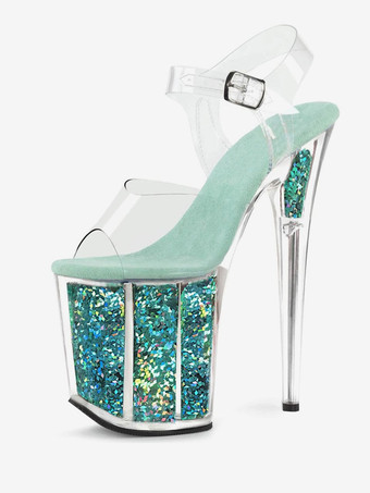 ライトスカイブルー女性のセクシーなサンダルブラックPUレザーピープトウ透明なセクシーなサンダル ポールダンスシューズ