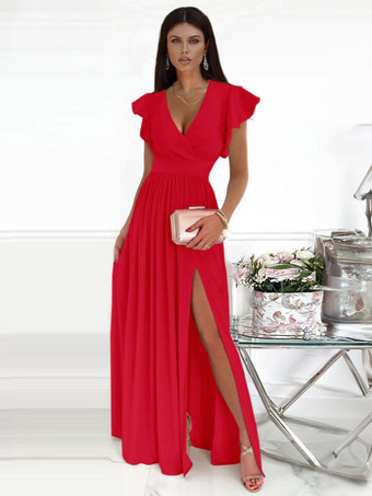 レッド ダークネイビー マキシ ドレス フラッター スリーブ V ネック サープライス タンク プロム ドレス