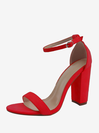 レッド レディース チャンキーヒール アンクルストラップ サンダル プロムシューズ スエード ホームカミングシューズ