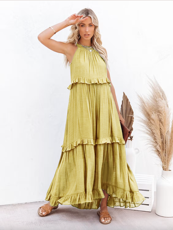 イエローシフトドレス ノースリーブ ボヘミアン レースアップ クルーネック レイヤード ホワイト チュニック ドレス