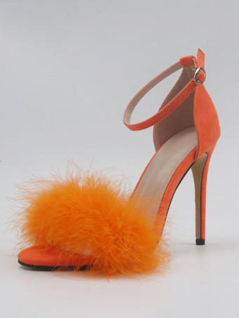 レディース ヒール サンダル オープントゥ フェイクファー ディテール スティレットヒール サンダル