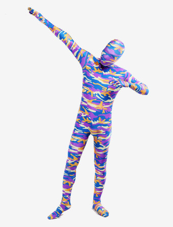 カモフラージ全身タイツ 全身タイツ，迷彩柄　コスチューム　大人用　開口部のない全身タイツ　グレープカラー　ユニセックス ハロウィン