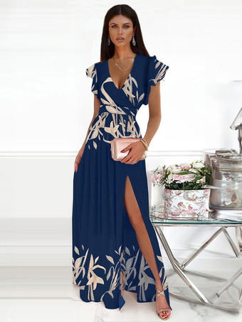 Темно-синее платье макси с развевающимися рукавами и V-образным вырезом платья для выпускного вечера на бретелях