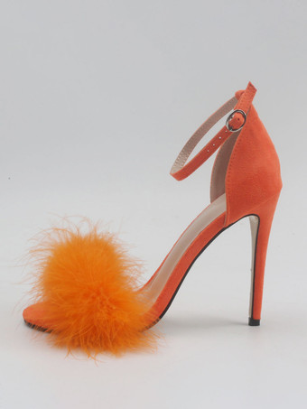 レディース ヒール サンダル オープントゥ フェイクファー ディテール スティレットヒール サンダル