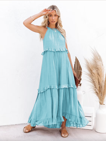 アクアグリーンシフトドレス ノースリーブ ボヘミアン レースアップ クルーネック レイヤード ホワイト チュニック ドレス