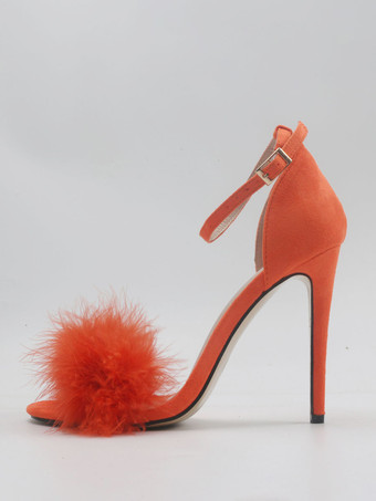 レディース ヒール サンダル オープントゥ フェイクファー ディテール スティレットヒール サンダル