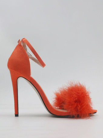 レディース ヒール サンダル オープントゥ フェイクファー ディテール スティレットヒール サンダル