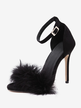 レディース ヒール サンダル オープントゥ フェイクファー ディテール スティレットヒール サンダル