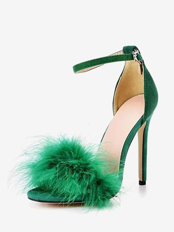 グリーン レディース ヒール サンダル オープントゥ フェイクファー ディテール スティレットヒール サンダル