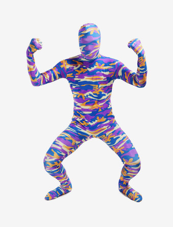 カモフラージ全身タイツ 全身タイツ，迷彩柄　コスチューム　大人用　開口部のない全身タイツ　グレープカラー　ユニセックス ハロウィン