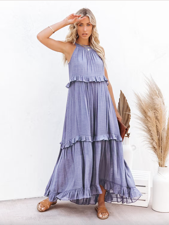 ラベンダーカラーシフトドレス ノースリーブ ボヘミアン レースアップ クルーネック レイヤード ホワイト チュニック ドレス