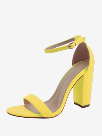 イエローレディース チャンキーヒール アンクルストラップ サンダル プロムシューズ スエード ホームカミングシューズ