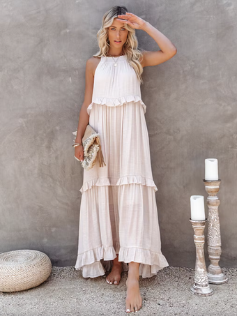 アプリコットシフトドレス ノースリーブ ボヘミアン レースアップ クルーネック レイヤード ホワイト チュニック ドレス