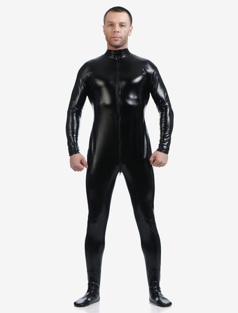 Halloween Kostüm glänzend metallisch Cosplay Zentai-Anzug für Männer in Schwarz Fasching Kostüm